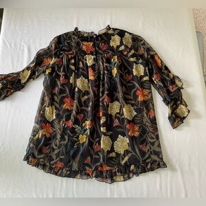 Suzanne Betro Womens XL Floral Ruffled Top Blouse 3/4 Sleeve Black Autumn Color